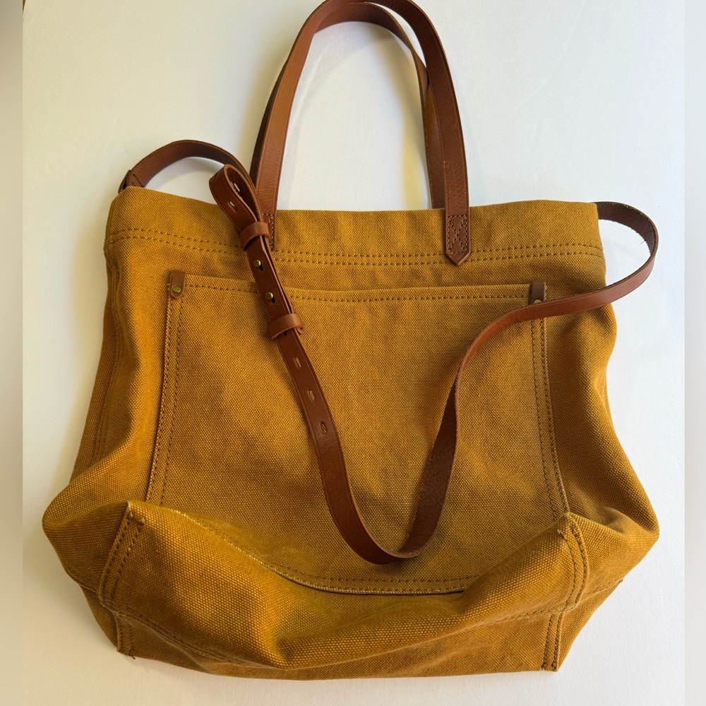 Madewell Medium Size Canvas Mustard Tote with Leather Accents